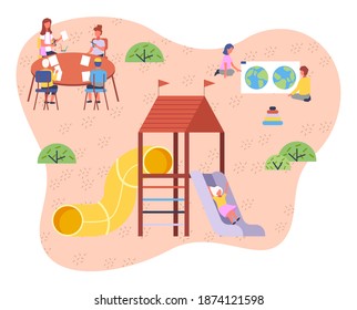 Children playing playground vector illustration. Kids on the summer play-field play in the sand. Concept of summer kids school camp. Children ride a roller coaster, play games, make paper crafts
