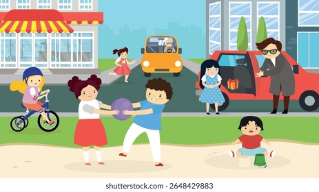 Niños jugando en el patio de recreo. Ilustración vectorial en estilo de diseño plano.