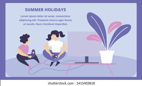 Children Playing Playstation Sitting On Floor At Home In Front Of Tv. Summer Holidays Spare Time, School Kids Spending Time Together, Gaming, Virtual Reality Cartoon Flat Vector Illustration Banner