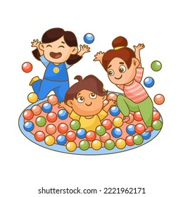 Children playing in pool with colorful balls cartoon illustration. Kids having fun together on playground. Leisure, entertainment concept