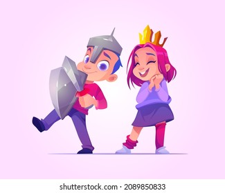 Children playing in princess and knight costumes. Vector cartoon illustration of cute girl in gold crown and boy in armor with sword and shield. Happy kids play fairytale game