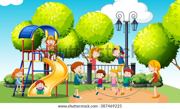 公園のイラストで遊ぶ子どもたち のベクター画像素材 ロイヤリティフリー