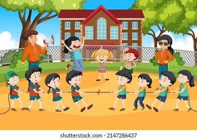 Children Playing Pulling Rope Together Illustration Stock Vector ...