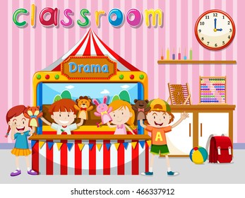 Children playing puppet on stage illustration