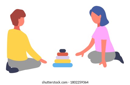 Children playing with pyramid toy vector flat illustration. Boy and girl stack a pyramid of colored rings playing logical game isolated on white. Kids sitting on the floor playing educational game