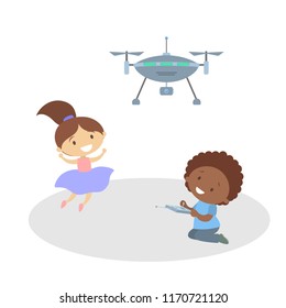 Children playing with quadcopter. Controlled drone. Modern technology concept. Isolated flat vector illustration