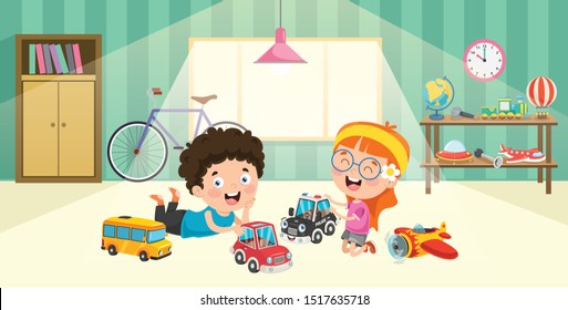 Children Playing With Racing Cars Toys