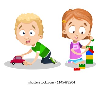 Children are playing with red toy motorcar and block set. Boy dressed in green sweater rolls toy machine, and girl dressed in pink t-shirt builds tower. Illustration on white background