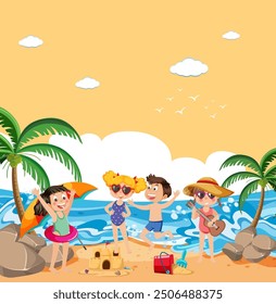 Children playing and relaxing on a sunny beach