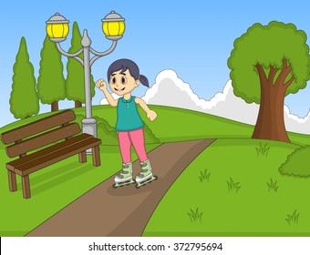 children playing roller skate cartoon vector illustration