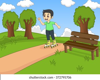 children playing roller skate cartoon vector illustration