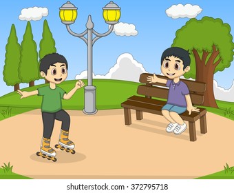 children playing roller skate cartoon vector illustration