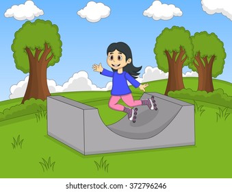 children playing roller skate cartoon vector illustration