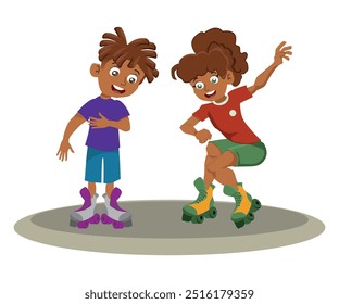 children playing with roller skates, older sister teaches younger brother to skate, vector illustration.