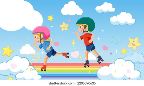 Children playing roller skates on rainbow illustration
