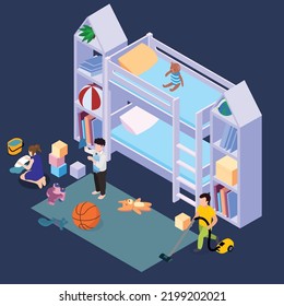 Children playing in a room with bunk bed isometric 3d vector illustration concept for banner, website, illustration, landing page, flyer, etc.