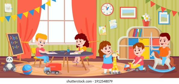 Children Playing In Room. Kids Activity In Kindergarten. Cartoon Preschool Boys And Girls Play Toys And Draw. Vector Playroom With Toddlers. Female And Male Characters Having Entertainment