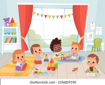 Children playing room. Little new born or 1 years baby with toys indoors vector kids characters