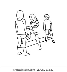 Children playing with rubber bands vector illustration, outline style