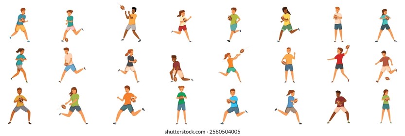  Children playing rugby icons set. Diverse group of athletes engaged in dynamic rugby or american football actions, showcasing athleticism and teamwork