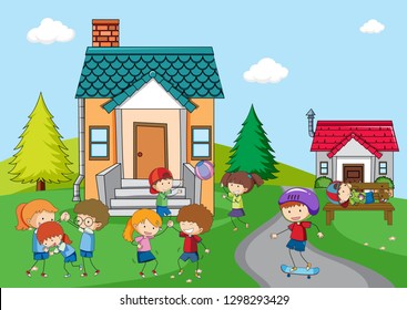 Children playing at rural house illustration