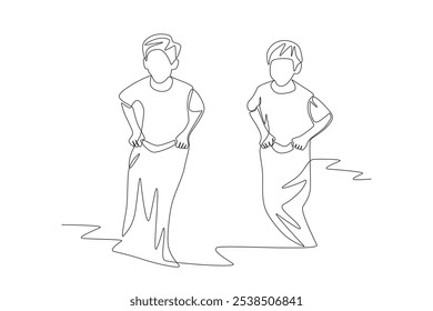 Children playing sack jumping. Children games concept one-line drawing