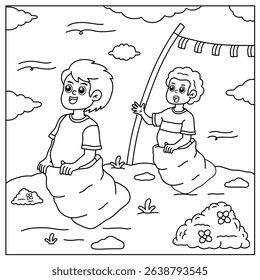 Children playing sack race outdoors. Illustration of a traditional cultural sack race sketch. For children's coloring book