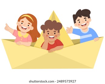 Children playing sailing on a paper ship vector illustration