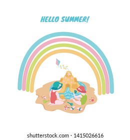 Children playing with sand at the beach under the rainbow. Cute summer illustration for placement print, invitation cards, backgrounds with Hello Summer text.