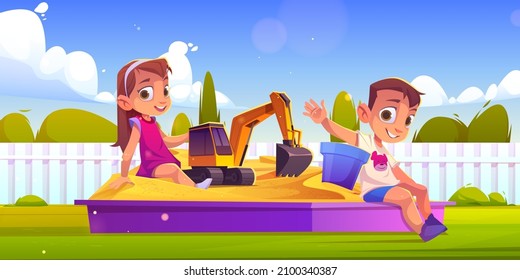 Children playing in sand box, little boy and girl sitting in sandbox with toys playing with excavator and plastic bucket. Kids outdoor fun, summer recreation at house yard, Cartoon vector illustration