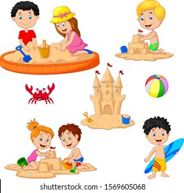 Children playing sand castle and surfboard