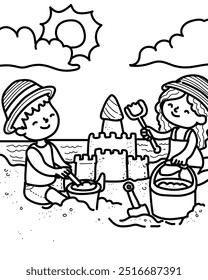 Children playing in the sand for coloring book