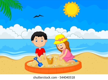 Children playing sand at tropical beach
