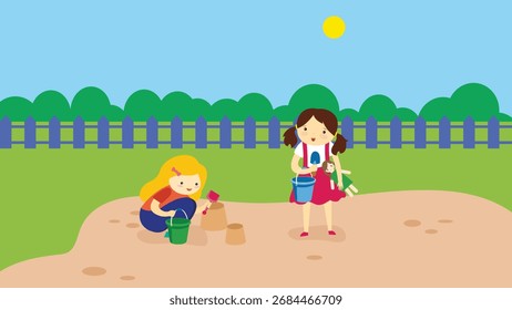 Niños jugando en la arena. Ilustración vectorial en un estilo plano.