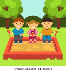 Children playing in the sandbox. Children's playground. Baby-themed flat stock illustration with isolated elements. 