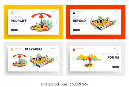 Children Playing in Sandbox at House Yard Place for Games Website Landing Page Set. Web Page Banner. Kids Summer Time Amusement Recreation, Friendship Fun. Cartoon Flat Vector Illustration, Line Art