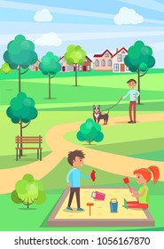 Children playing in sandbox with toys and man walking dog and looking on them. Summer relaxation in park template vector illustration