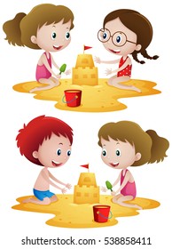 Children Playing Sandcastle On Beach Illustration