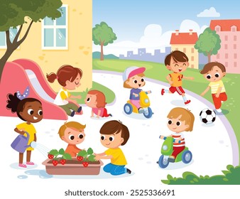 Children playing in the school yard. Playground. Kids planting a strawberry, girl is pouring watering plants. Boys ad girls playing on a playground spending time in games, having fun, fooling around. 