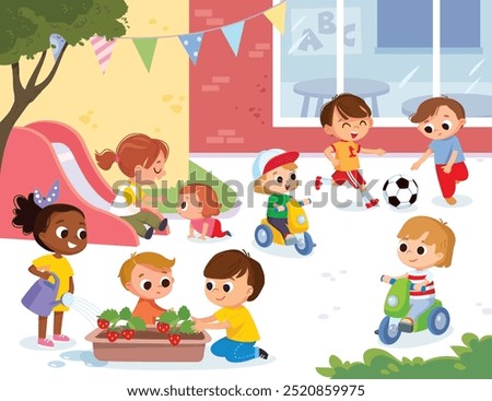 Children playing in the school yard. Playground with kids. Boys ad girls playing on a playground spending time in games, having fun, fooling around. Summer activities. School kids spare time outdoors.