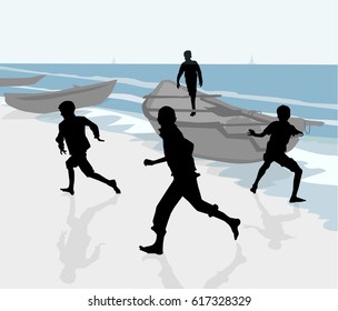 Children are Playing at Seashore - Vector 