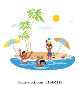 Children playing at the seaside beach. Vector illustration