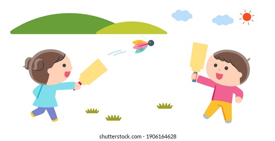 Children playing shuttlecock with feathers . No contour line