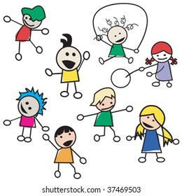 Children playing silhouettes isolated on white background