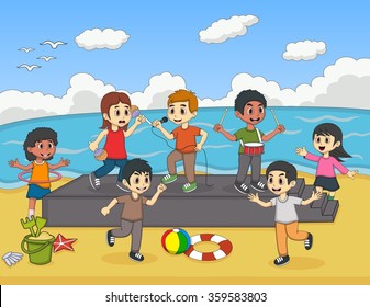 Children playing and singing on the beach vector illustration