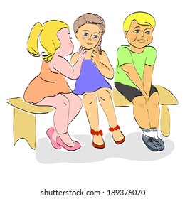 Children playing sitting on a bench talking, hand drawn Illustration 