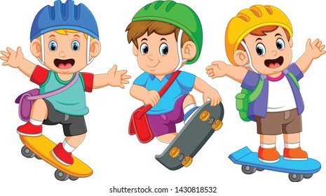 the children are playing the skate board with the different posing