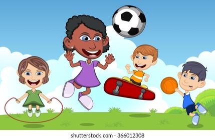 Children playing skateboard, basketball, jumping rope, soccer in the park cartoon vector illustration
