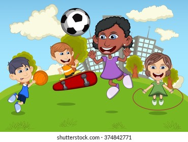 Children playing skateboard, basketball, jumping rope, soccer in the park cartoon vector illustration