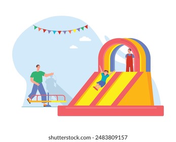 Children playing slide at a circus festival, little girls are guarding their father while playing. Character design. Vector flat illustration